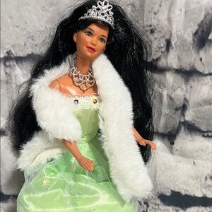 Elegant Black Hair Doll with White Fur and Green Dress